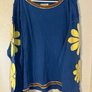 We The Free Blue Top with Brown Trim